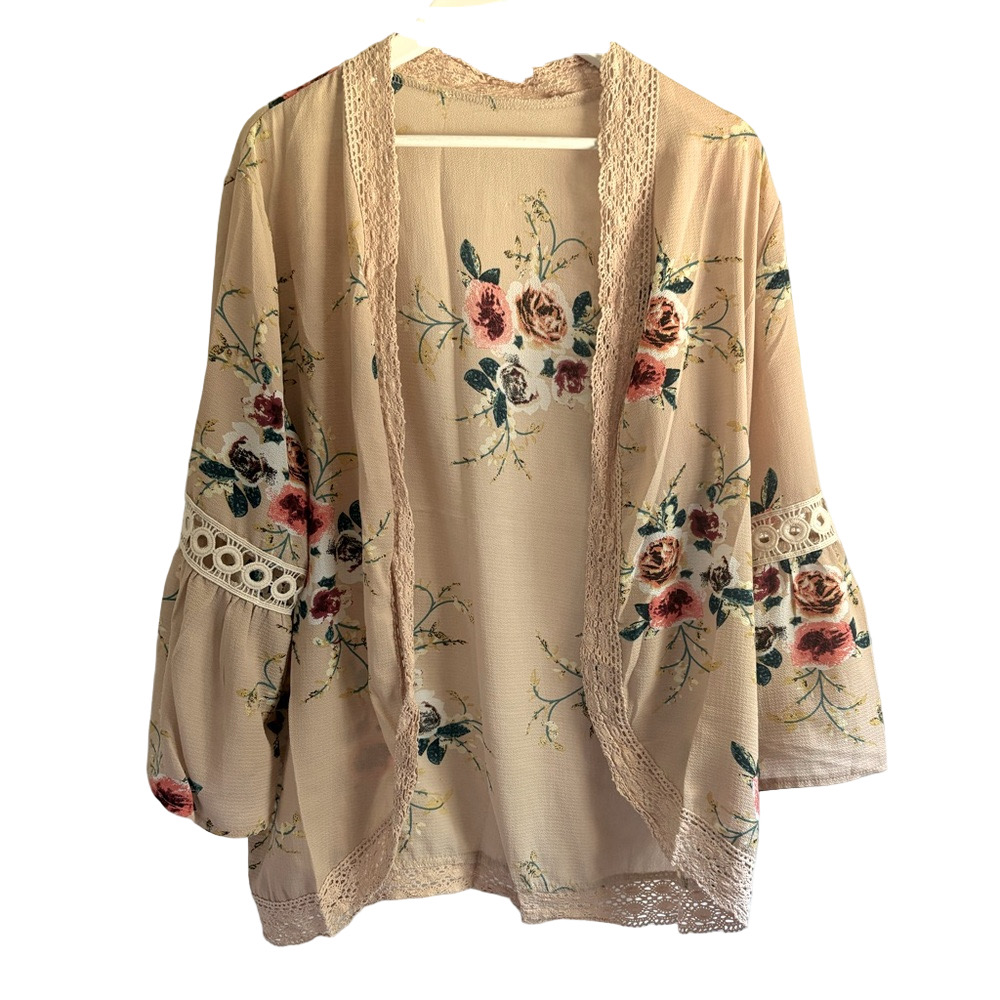 Floral Kimono Cardigan Boho Crochet Lace Bell Sleeve Open Front Cover Up